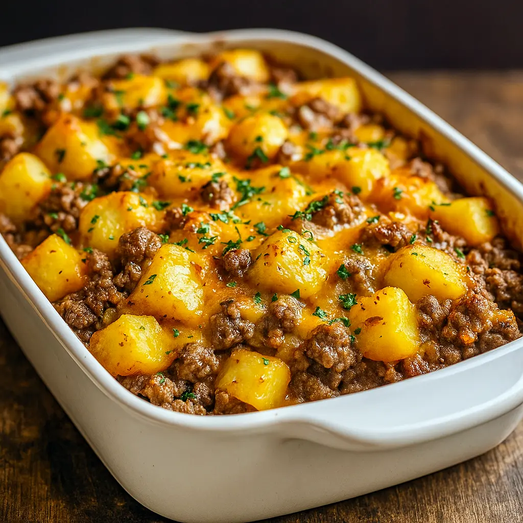 Close-up of a baked Ground Beef Casserole with golden melted cheese, layered Beef And Potatoes, and creamy sauce—an irresistible comfort food perfect for Easy Casserole Recipes or a cozy Beef Dinner.