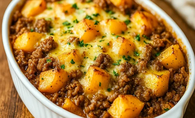Close-up of a baked Ground Beef Casserole with golden melted cheese, layered Beef And Potatoes, and creamy sauce—an irresistible comfort food perfect for Easy Casserole Recipes or a cozy Beef Dinner.