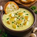 A steaming bowl of rustic Garlic Bread Soup with golden toasted baguette slices, creamy broth, and fresh herbs—comfort food perfect for a cozy European Dinner or classic Country Dinner Recipes.