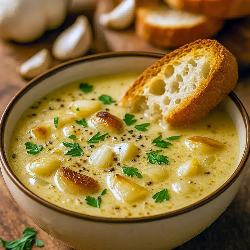 A steaming bowl of rustic Garlic Bread Soup with golden toasted baguette slices, creamy broth, and fresh herbs—comfort food perfect for a cozy European Dinner or classic Country Dinner Recipes.