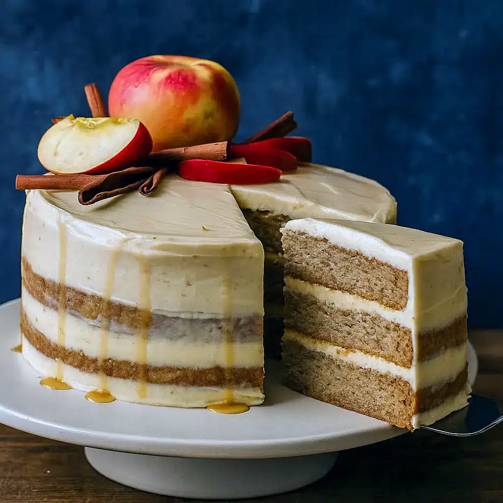 Slice of Apple Bourbon Cake with creamy frosting, showcasing a spiced Bourbon Apple Cider Cake perfect for Fall Cakes, Baking Sweets, and cozy Fall Baking moments.