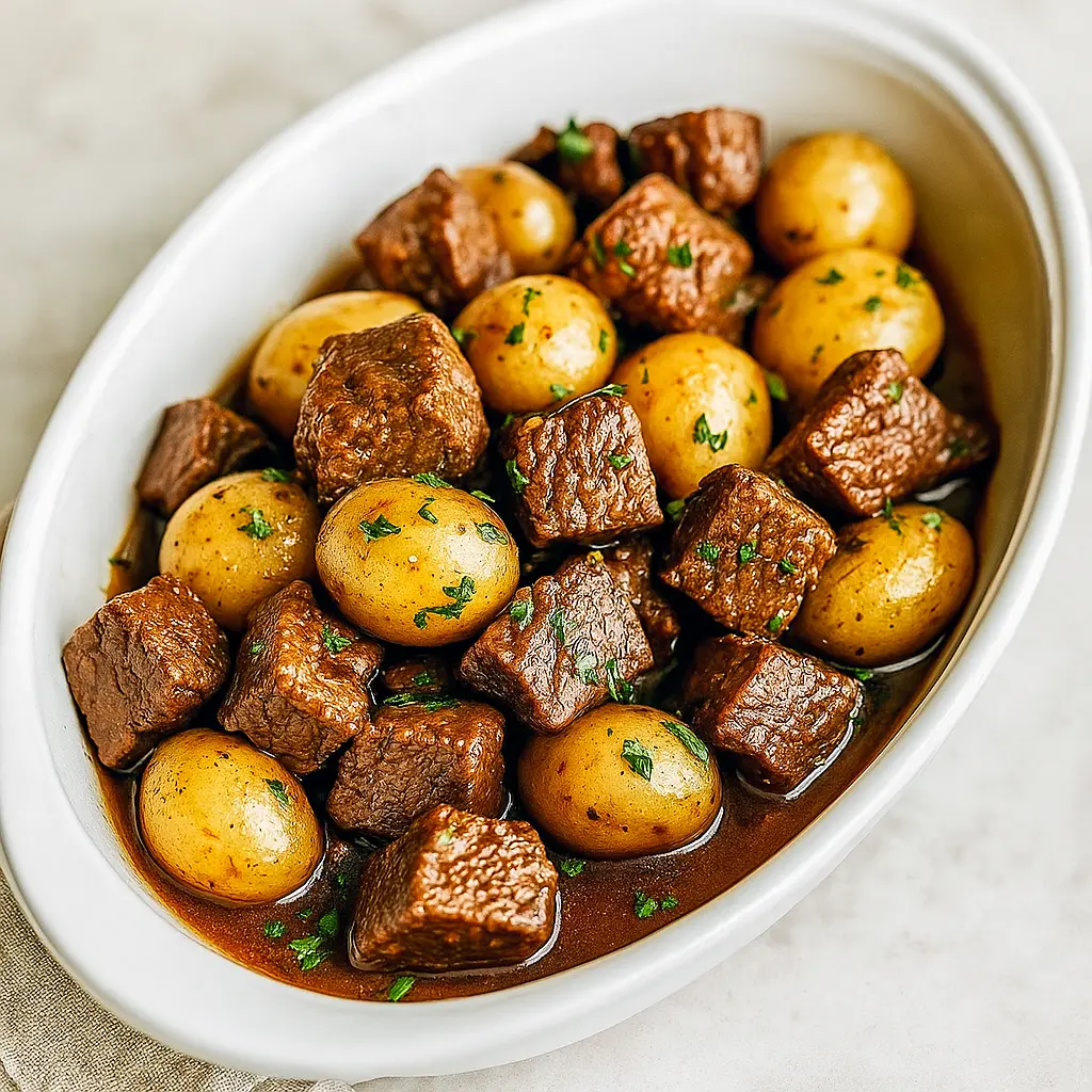 Slow-cooked garlic butter beef bites and baby potatoes served warm in a rustic bowl—an Easy Crockpot Dinner For 2 that’s perfect for cozy nights, Meal Prep For The Week Crockpot, or family-friendly meals.