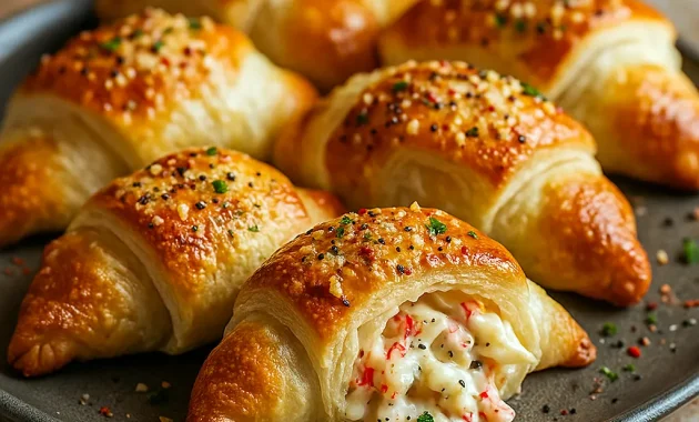 Golden brown Crab Filled Crescent Rolls on a parchment-lined tray, with creamy crab and cheese peeking out, sprinkled with fresh parsley – the perfect easy appetizer for parties and quick Crab Meals.