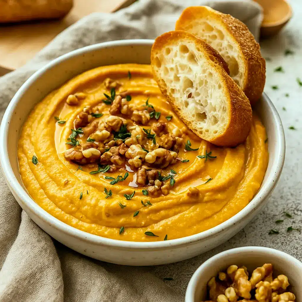 A bowl of creamy Whipped Feta And Pumpkin Dip topped with honey, walnuts, and thyme, surrounded by toasted bread and crackers—an elegant Autumn Finger Food perfect for Easy Thanksgiving Foods and festive gatherings.