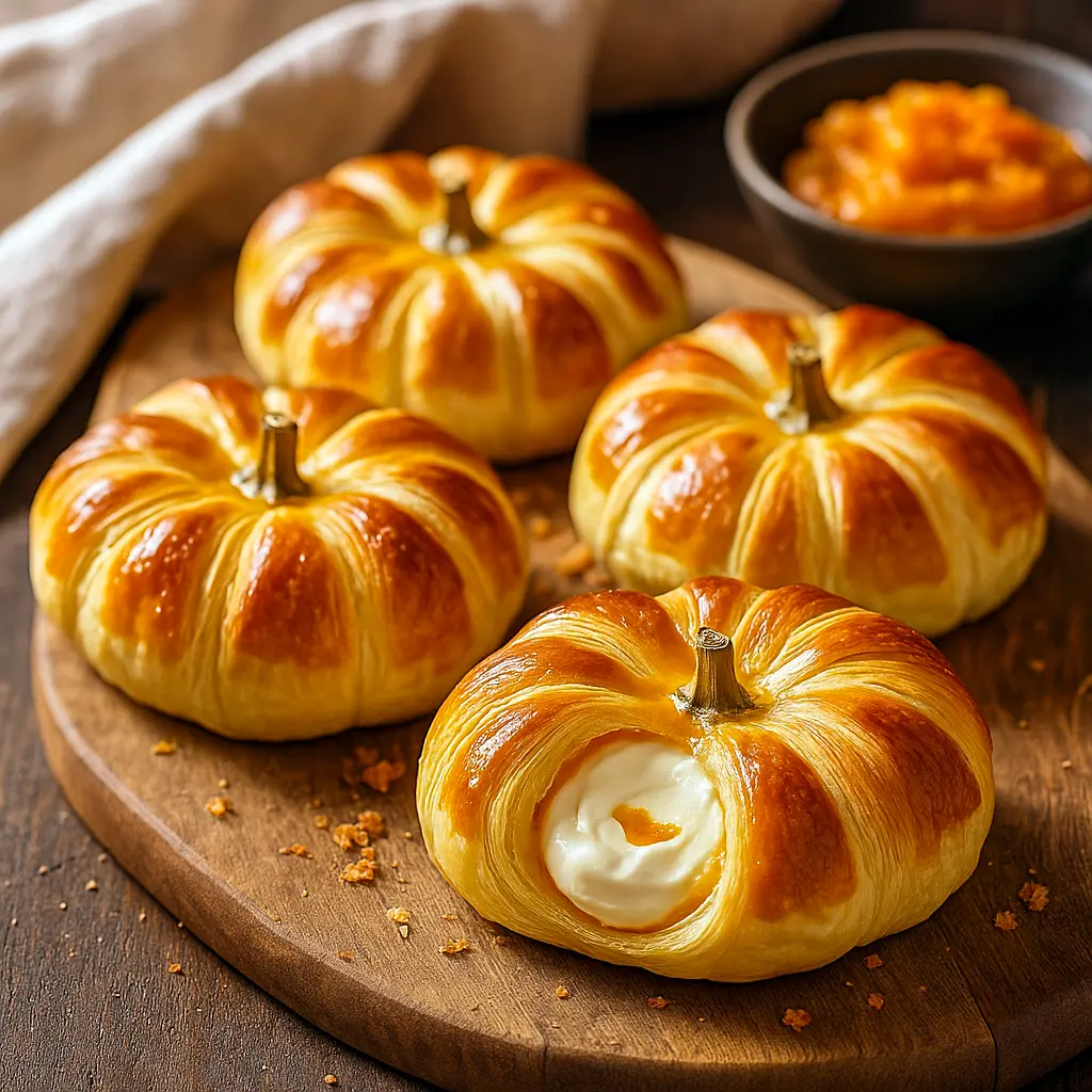 Tray of golden crescent pumpkins filled with cream cheese and spiced pumpkin filling, topped with pretzel stems and a dusting of cinnamon.