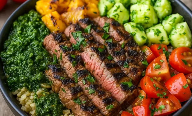 A vibrant Greek Steak Bowl featuring sliced sirloin, fresh cherry tomatoes, cucumber, olives, feta, and creamy tzatziki on a bed of grains—perfect Easy Healthy Weekday Dinners, Fast Mediterranean Recipes, and Healthy Dinner Recipes For Family Mediterranean.