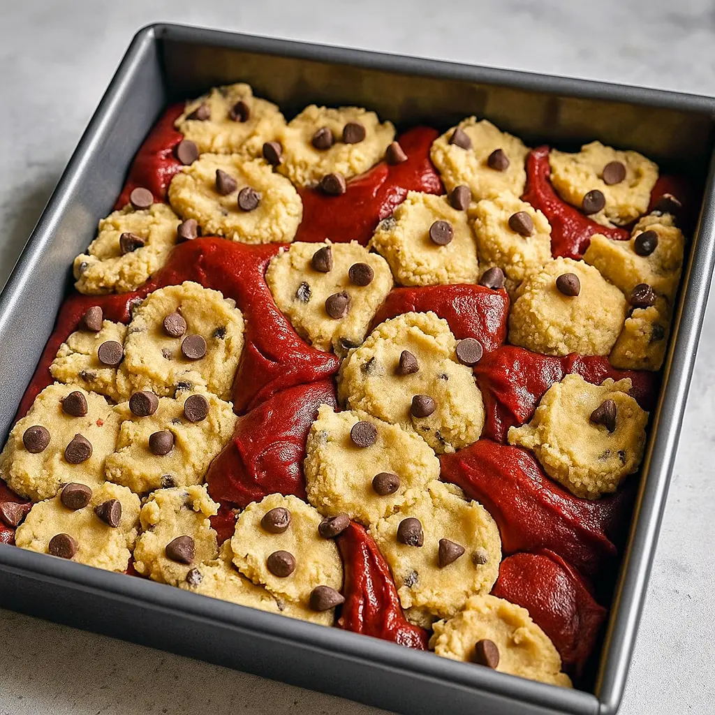 Close-up of a warm red-velvet brookie with a fudgy red center and chewy chocolate-chip cookie layer, sliced and sprinkled with flaky sea salt.