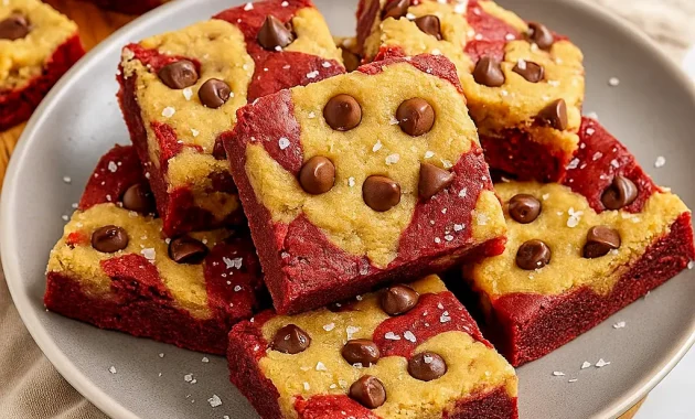 Close-up of a warm red-velvet brookie with a fudgy red center and chewy chocolate-chip cookie layer, sliced and sprinkled with flaky sea salt.