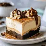 Slice of espresso cheesecake with chocolate ganache, whipped cream, and crushed espresso beans on a white plate.