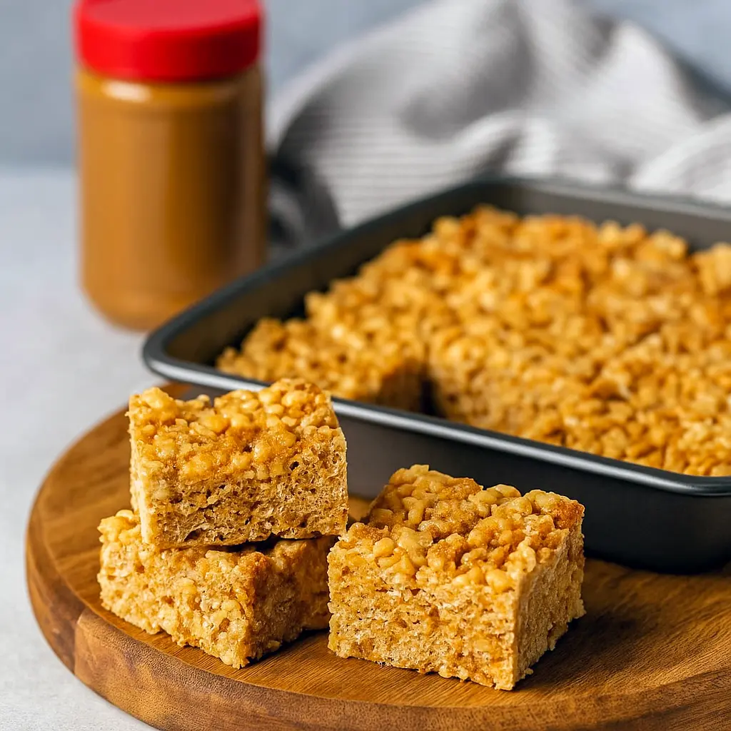 Stack of gooey Rice Krispie Treats made with cookie butter, crushed Biscoff cookies, and marshmallows — the ultimate Krispie Treats Recipe and one of the easiest Biscoff Recipes for chewy Cereal Treats and quick Easy Summer Desserts.