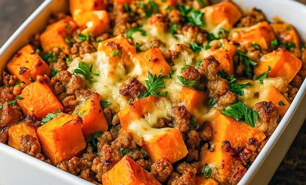 Baked casserole of diced sweet potatoes, seasoned ground turkey and melted cheese — Turkey And Sweet Potato Bake, a top Sweet Potato Recipes pick.