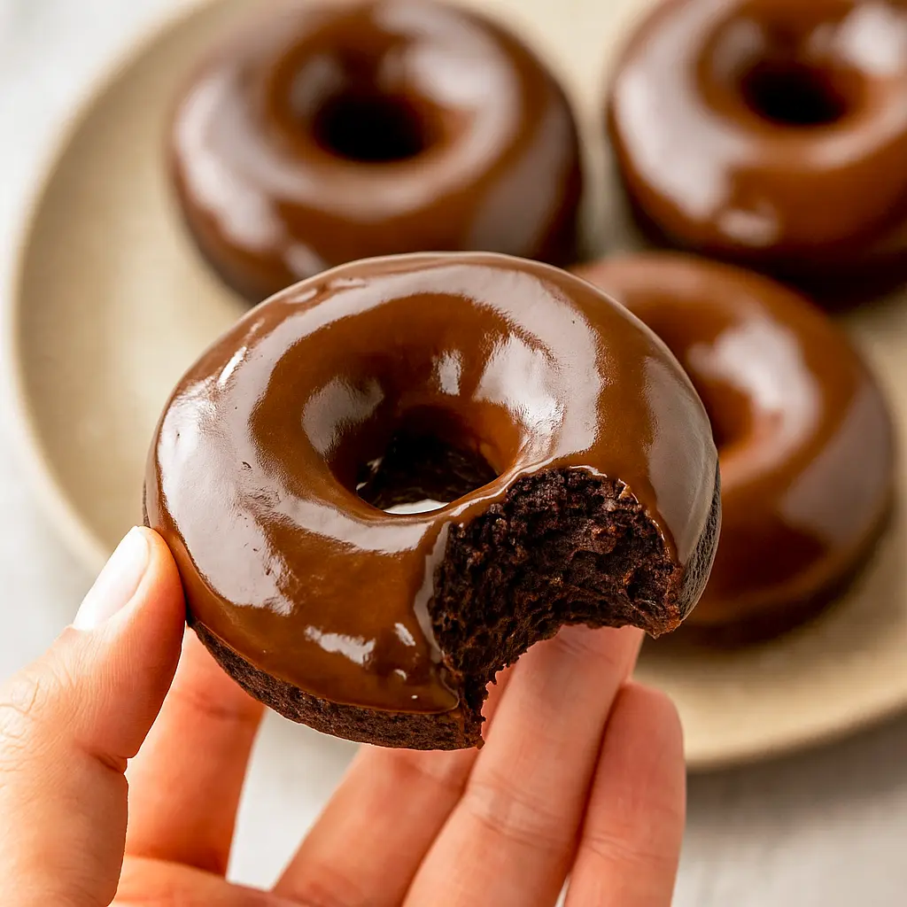 Close-up of three glazed chocolate protein donuts on parchment with almond crumbs — a perfect visual for Healthy Sweet Protein Snacks, and a tempting idea for a Protein Air Fryer Dessert. This shot also reads as Gluten Free Paleo Desserts and Healthy Non Dairy Desserts, with a decadent Health Chocolate Desserts vibe; great for Dairy Free Healthy Meals, Healthy Gluten Free Baking Recipes, labeled as Macros Desserts and useful inspiration for Protein Powder Meals.