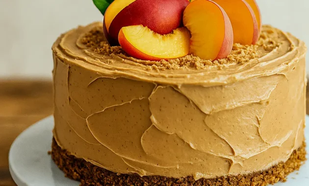 A slice of Homemade Peach Cake with creamy Fun Buttercream Cakes frosting, perfect for Diy Cake Flavors, Really Pretty Cakes, and Desserts With Icing. Great for Dinner Party Cake Ideas, Easy Beautiful Birthday Cakes, Powdered Sugar Cake, and other Peach Cake Ideas.