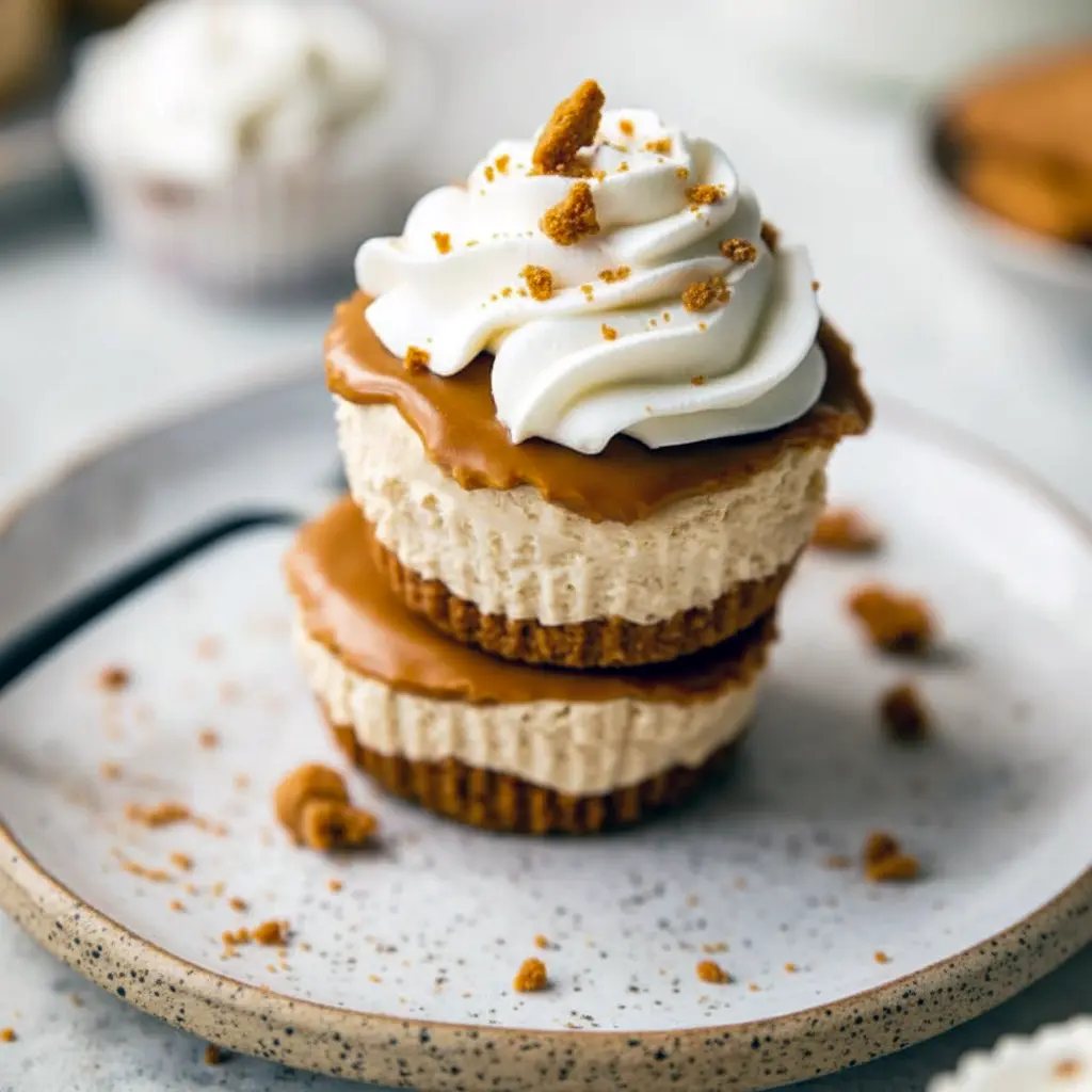 Close-up of creamy mini Biscoff cheesecakes with whipped cream and cookie topping, showcasing Mini Desserts No Bake, rich Biscoff filling, and buttery crust for a perfect no-bake treat.