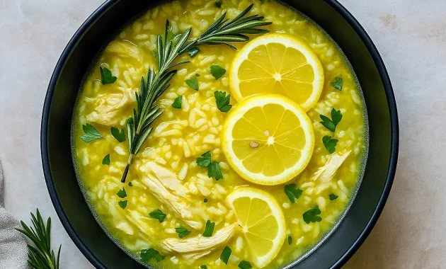 Golden bowl of Lemon Ginger Soup filled with shredded chicken, fluffy rice, and fresh herbs. This healthy soup is one of the best Tumeric Recipes Inflammation friendly meals — a soothing Immune Boosting Dinner packed with flavor. A comforting Ginger Chicken Rice Soup that highlights simple Turmeric Recipes Dinners, perfect for cozy nights, wellness cooking, and hearty Soup Recipes With Rice.