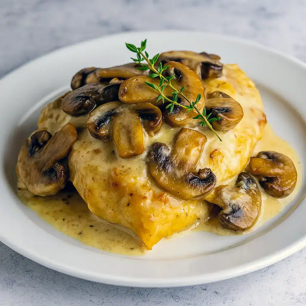 Close-up of a plated one-pan mushroom Asiago chicken with creamy sauce and thyme, a hearty option that can inspire Turkey Dishes swaps, lives in Chicken Recipes Casserole roundups, and ranks high on lists of go-to Chicken Dishes Recipes (and even adapts to Vegetarische Rezepte with mushrooms or halloumi).