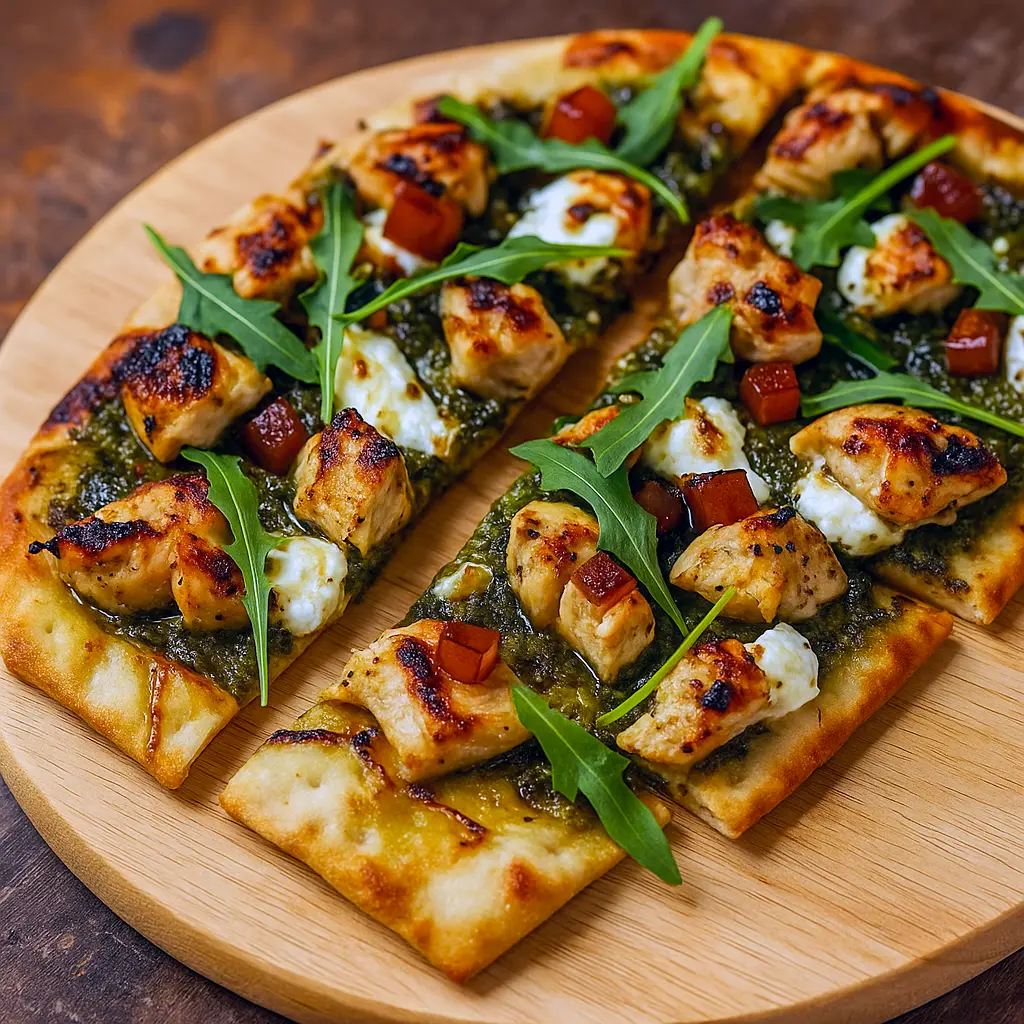 Close-up of a sliced pesto chicken flatbread with melted cheese, cherry tomatoes, and basil on a wooden board — perfect for Easy Summer Dinners High Protein, a go-to for Healthy Dinner Recipes Pesto, cozy enough for Cottage Dinners, and ideal in a Late Summer Dinner Recipes rotation.