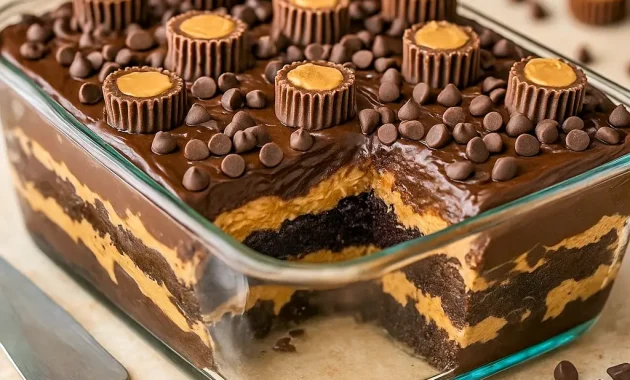 Slice of Reese's Peanut Butter Cake showing gooey chocolate and peanut butter layers, topped with chopped Reese’s cups, perfect for Dessert Ideas Peanut Butter and Easy Desserts With Peanut Butter.