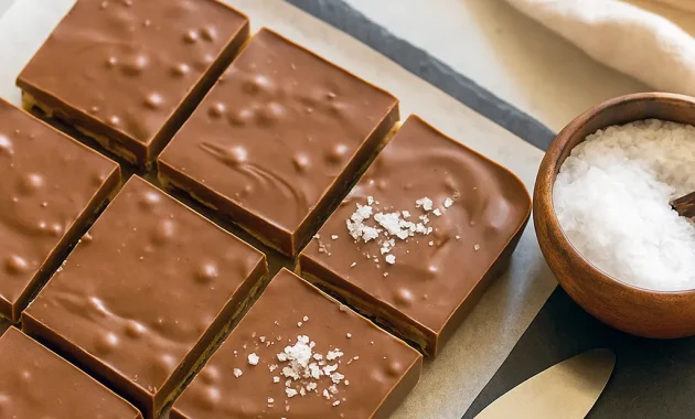 Overhead shot of rich Salt River Bars with layers of crackers, caramel, and chocolate topping sprinkled with flaky sea salt – the ultimate Dessert Bar Recipe for Yummy Sweets and a fun Smores Dessert-style treat. Perfect Cookie Bar Recipes idea for parties or anytime you want to Eat Dessert and enjoy Sweets Desserts packed with Dessert Chocolat flavor and a hint of Coconut Dessert if you add some on top.