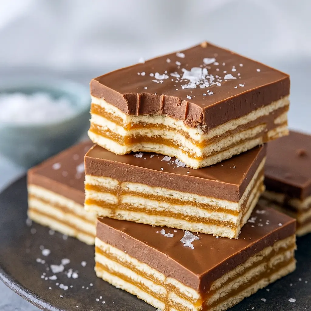 Overhead shot of rich Salt River Bars with layers of crackers, caramel, and chocolate topping sprinkled with flaky sea salt – the ultimate Dessert Bar Recipe for Yummy Sweets and a fun Smores Dessert-style treat. Perfect Cookie Bar Recipes idea for parties or anytime you want to Eat Dessert and enjoy Sweets Desserts packed with Dessert Chocolat flavor and a hint of Coconut Dessert if you add some on top.