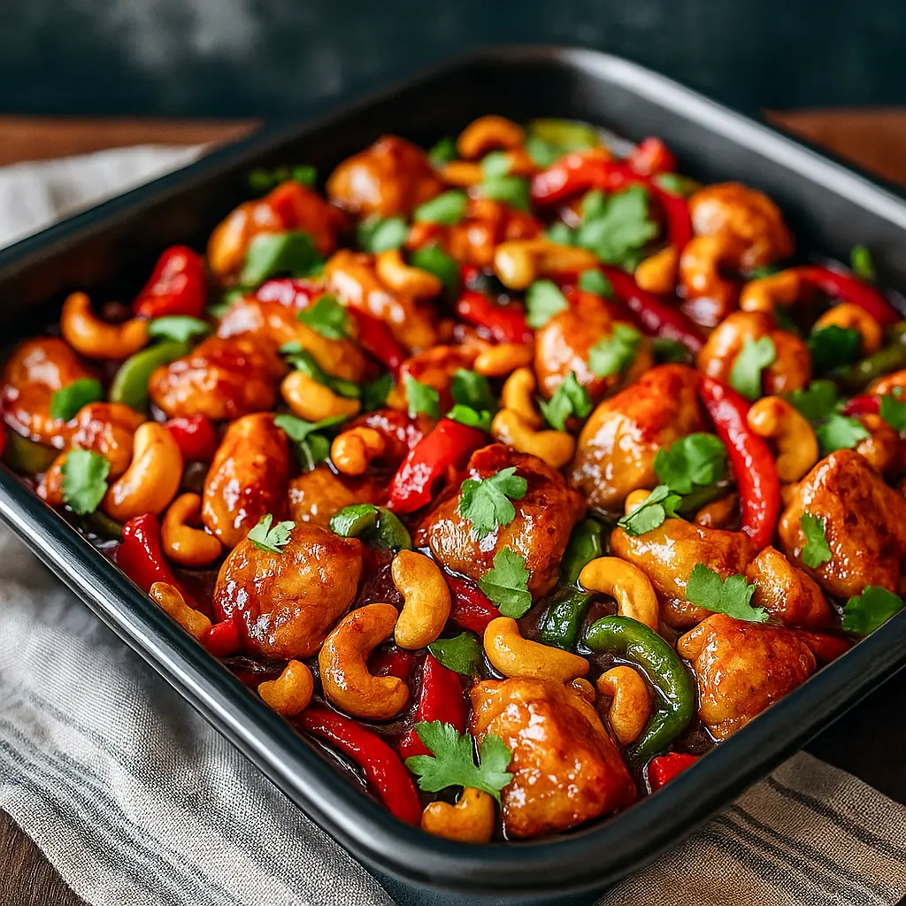 Sheet pan of bite-sized glazed chicken, roasted bell peppers, red onion and toasted cashews, served with a side of steamed rice.