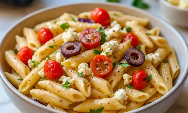 Bowl of colorful Greek Pasta With Feta featuring cherry tomatoes, Kalamata olives, crumbled feta, and fresh herbs, tossed in olive oil and served as a bright Mediterranean Pasta Dish.