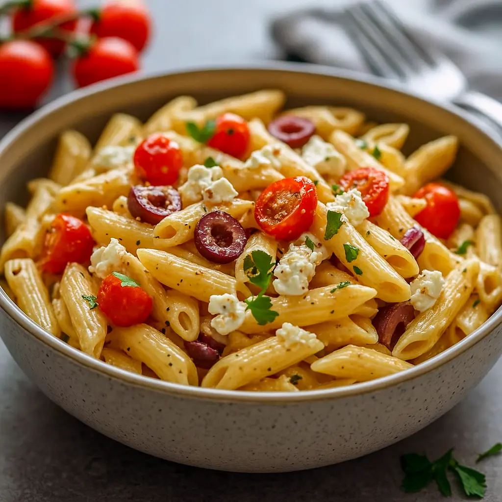 Bowl of colorful Greek Pasta With Feta featuring cherry tomatoes, Kalamata olives, crumbled feta, and fresh herbs, tossed in olive oil and served as a bright Mediterranean Pasta Dish.
