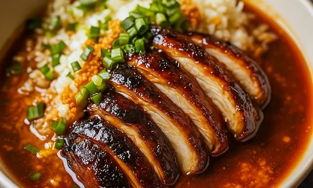 Bowl of tender Soy Chicken served over fluffy rice in a garlic ginger broth, topped with fresh herbs – the perfect cozy comfort meal for lovers of Asian Dishes and quick Chicken Dinner Recipes.