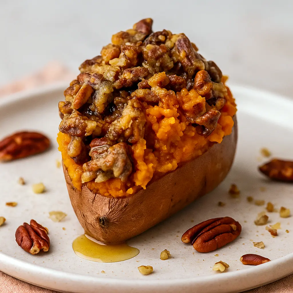 Golden twice-baked sweet potatoes filled with creamy mashed sweet potato and topped with a crunchy pecan streusel, served on a rustic platter.