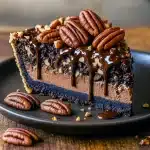 Sliced Texas Chocolate Pecan Pie with glossy chocolate filling and toasted pecans on a flaky crust — a luscious example of Dessert Pies with vintage charm, nodding to Vintage Dessert Recipes and perfect for anyone searching “Pie Recipes Dessert.”