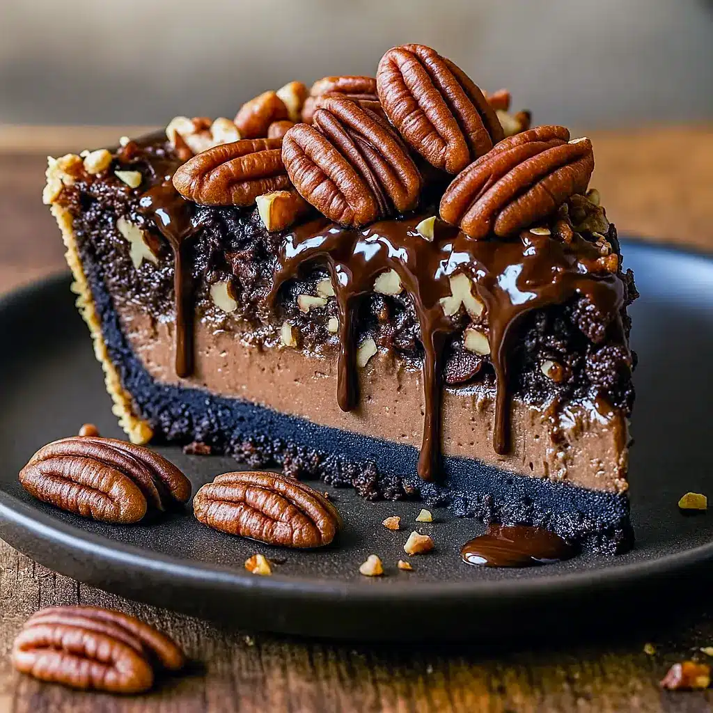 Sliced Texas Chocolate Pecan Pie with glossy chocolate filling and toasted pecans on a flaky crust — a luscious example of Dessert Pies with vintage charm, nodding to Vintage Dessert Recipes and perfect for anyone searching “Pie Recipes Dessert.”