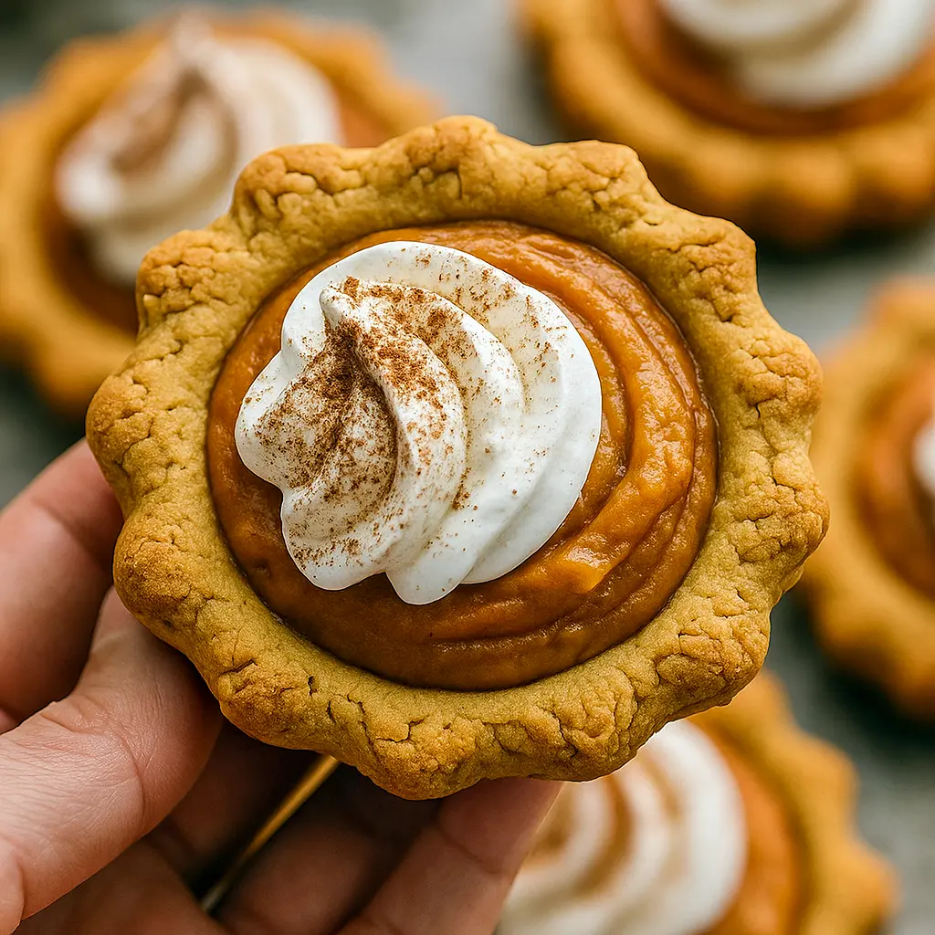 Close-up of Vegan Pumpkin Pie Cookies topped with whipped cream and cinnamon, perfect for Thanksgiving Recipes Dairy Free, Pumpkin Pie Thanksgiving, and Pumpkin Dessert Thanksgiving tables; chewy Dairy Free Pumpkin Cookies with creamy Vegan Pumpkin Pie Filling Recipe, a must-try for Dairy Free Holiday Desserts, Gluten Free Thanksgiving Recipes Dessert, and cozy Vegan Thanksgiving Dessert Recipes in Fall Food Recipes Vegetarian style.