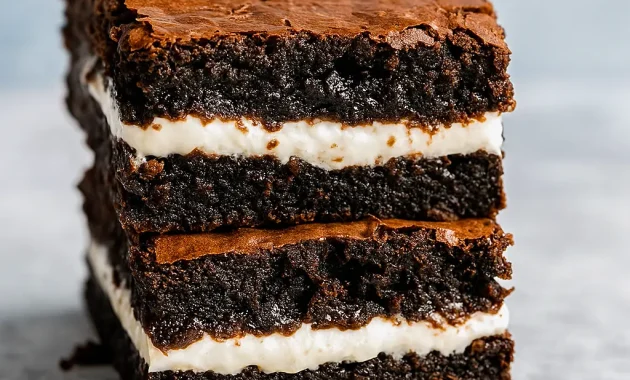 Close-up of a fudgy, dark brownie square made with Greek yogurt, showing a moist crumb and glossy top on a white plate.
