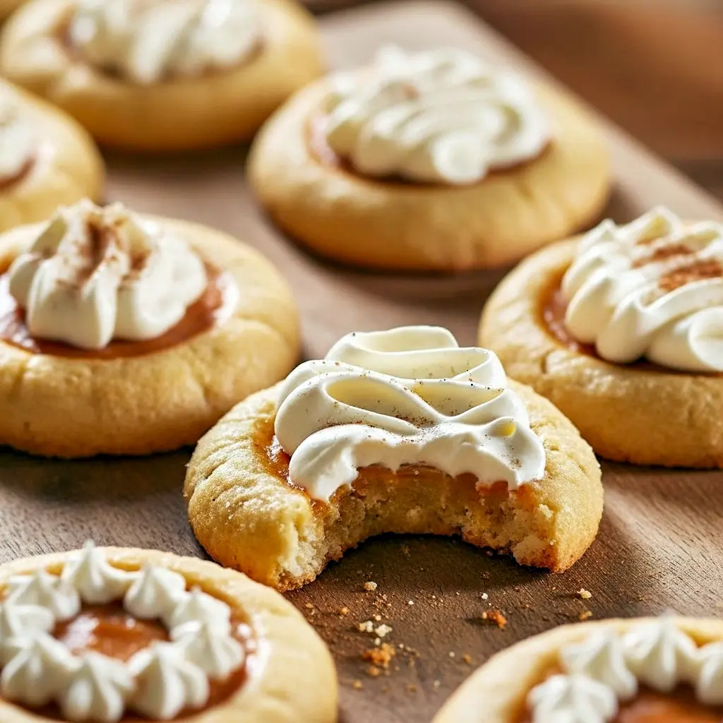 Golden thumbprint pumpkin cookies on a wooden board — ideal September Baked Goods and cozy Halloween Snacks Recipes, a clever Pumpkin Pie With Cookie Crust twist among Seasonal Cookies finished with spiced Pumpkin Pie Cookie Toppings, Aesthetic Fall Desserts.