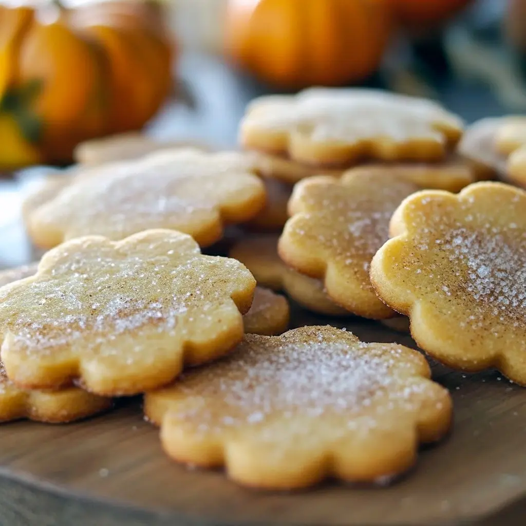 Pumpkin-shaped sugar cookies coated in cinnamon-sugar on a wire rack, with a mug of steaming latte and autumn leaves in the background.
