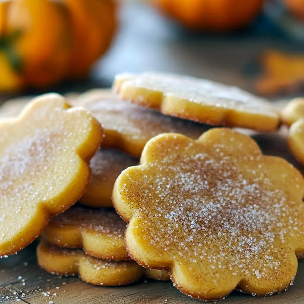 Pumpkin-shaped sugar cookies coated in cinnamon-sugar on a wire rack, with a mug of steaming latte and autumn leaves in the background.