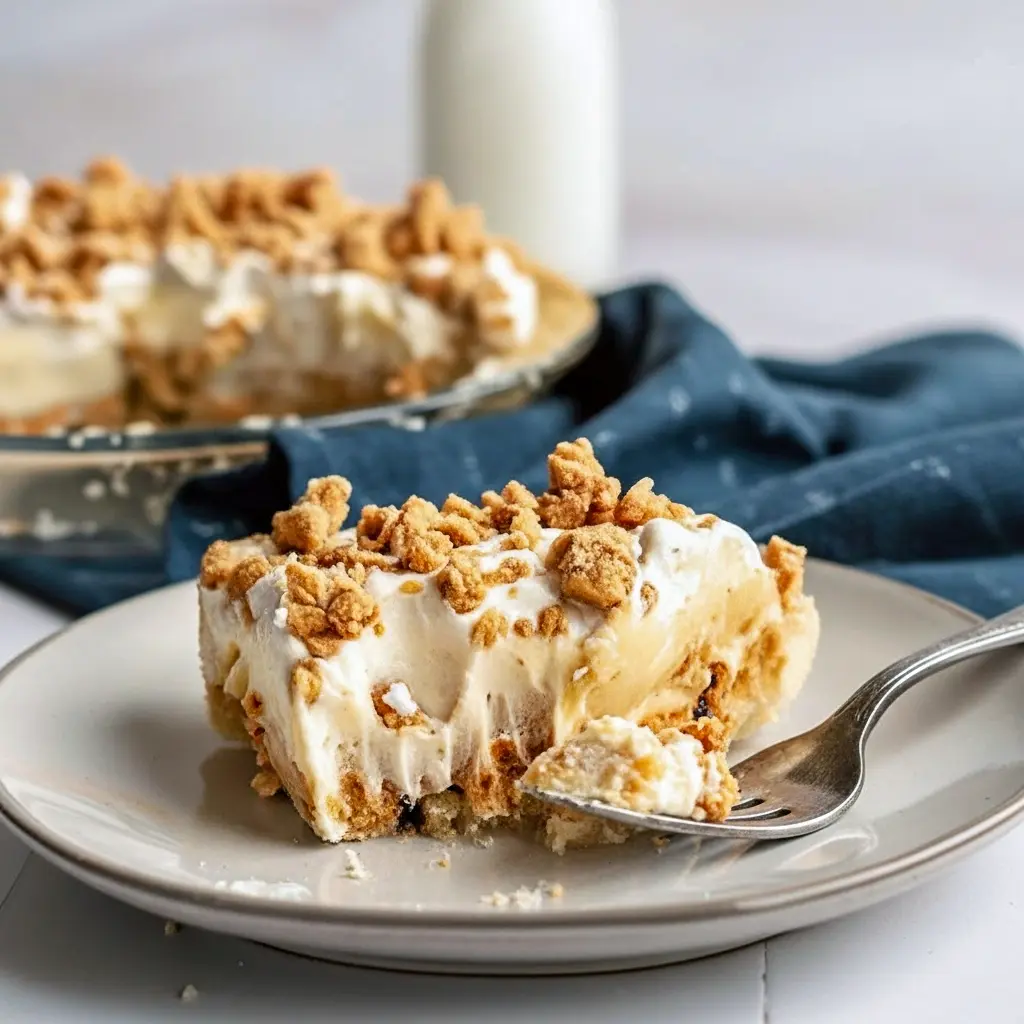 Slice of peanut butter pie on a white plate showing flaky crust, peanut crumbles, creamy vanilla filling, and a cloud of whipped cream.