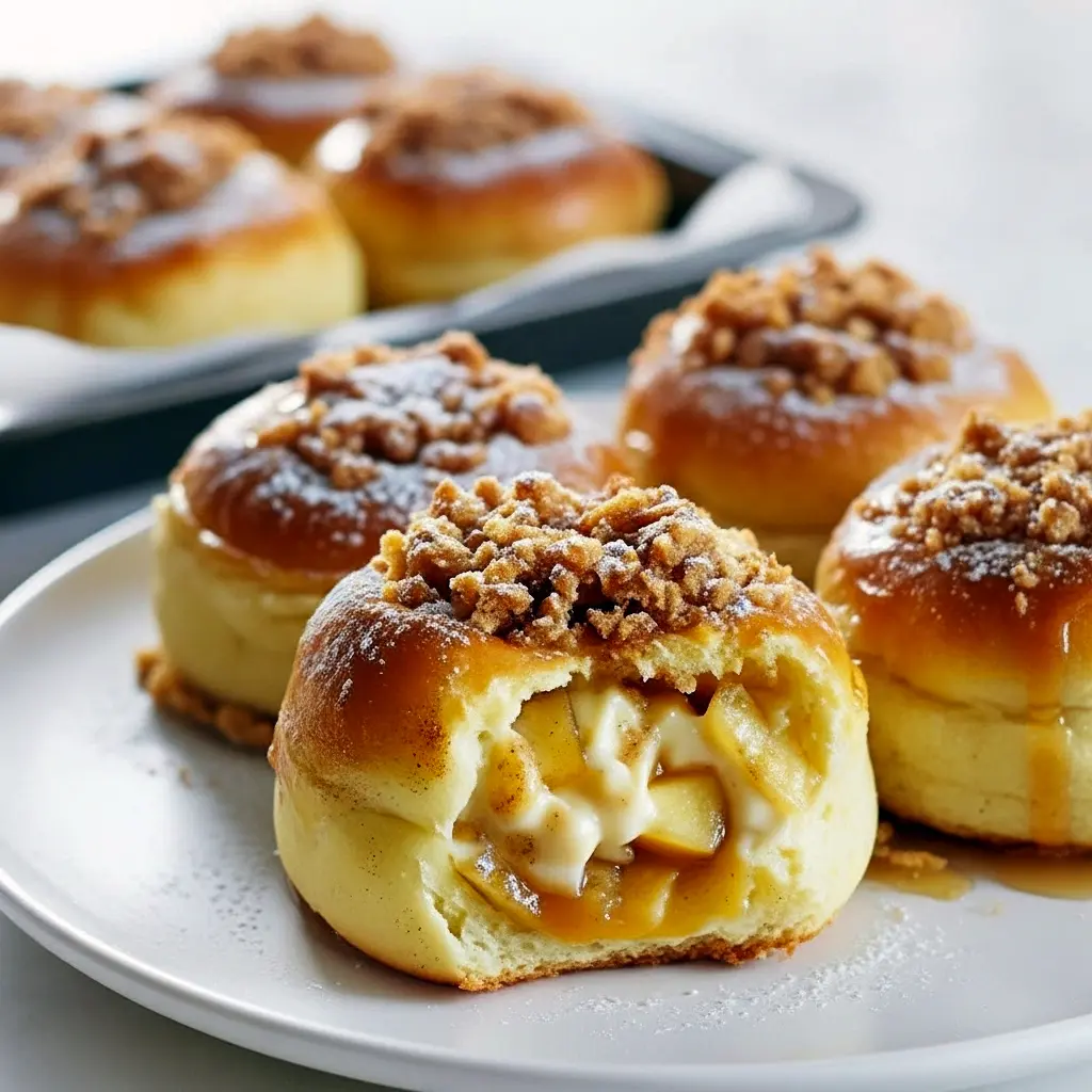 Golden apple cheesecake crumble bun with oat streusel and a creamy center on a white plate, Apple Dessert Recipes.