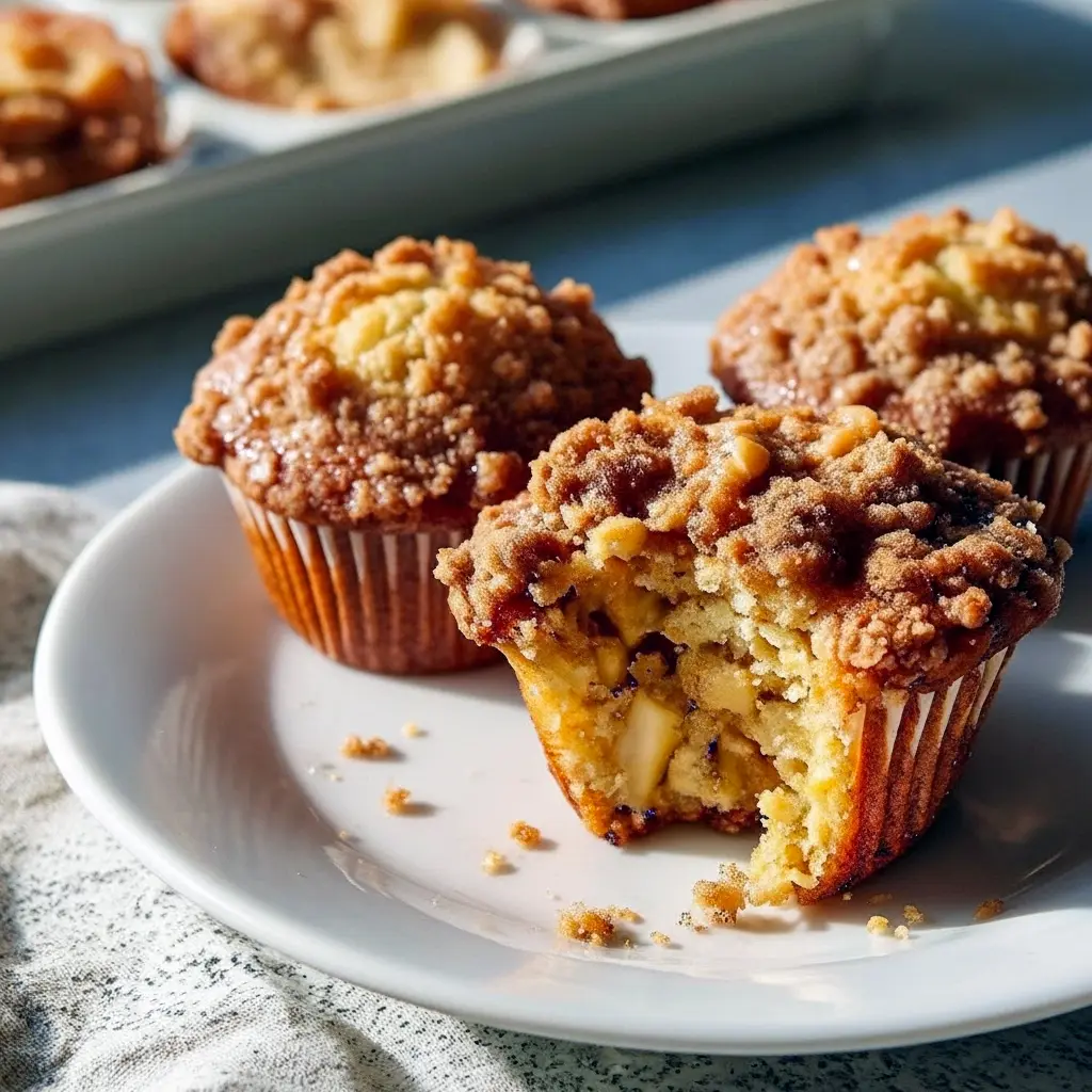 Close-up of golden, streusel-topped muffins with apple chunks and pecan bits, evoking an Apple Pie Muffins Recipe and the nutty charm of Apple Pecan Muffins — a tempting option in Fall Recipes Sweet collections.
