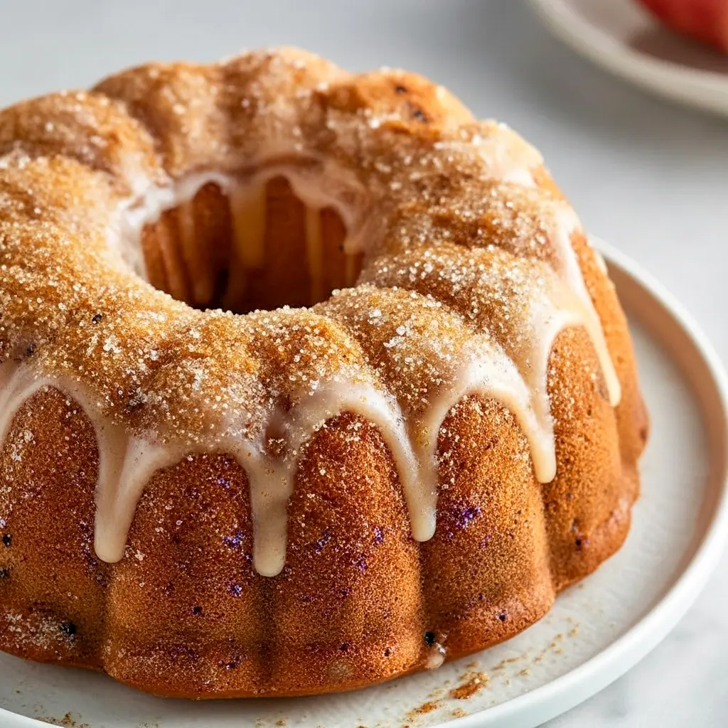 A beautifully golden Cider Bundt Cake dusted with cinnamon sugar, showcasing a moist, spiced interior — perfect for fans of Apple Cider Donuts and cozy Bundt Cakes Recipes.