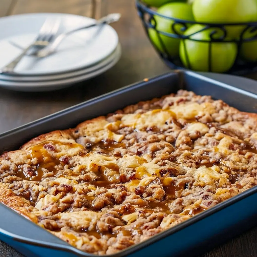 Slice of apple fritter coffee cake with pecan crumble and brown sugar glaze on a white plate.