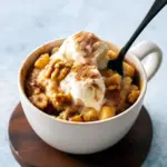 Close-up of a steaming mug cake with vanilla ice cream — a perfect example of Quick One Bowl Desserts, great alongside Apple No Bake Recipes or when you want Apple Desserts For Two from just 2 Apple Recipes.