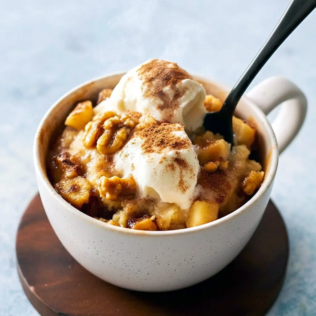 Close-up of a steaming mug cake with vanilla ice cream — a perfect example of Quick One Bowl Desserts, great alongside Apple No Bake Recipes or when you want Apple Desserts For Two from just 2 Apple Recipes.