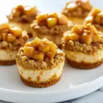 Close-up of Apple Pie Cheesecake Bites, layered with golden graham crust, creamy cheesecake, and cinnamon apple topping — perfect Good Desserts For Thanksgiving and cozy Yummy Fall Dessert Recipes.