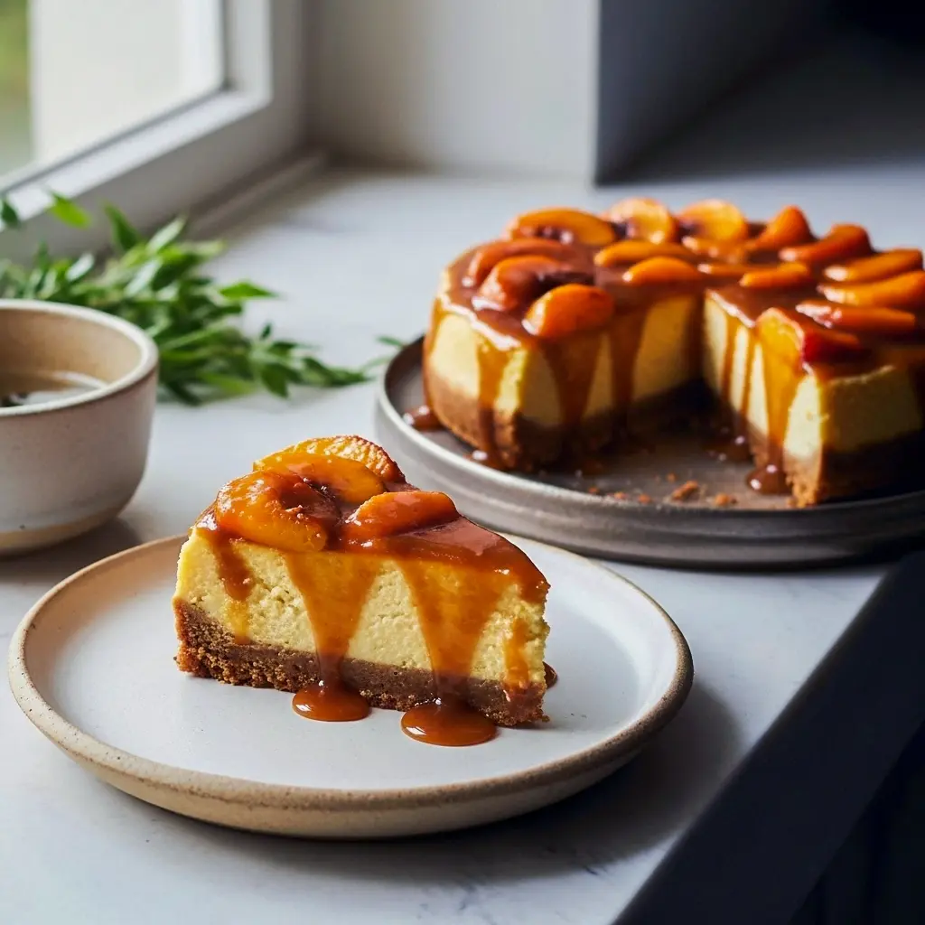 Slice of bourbon-roasted peach cheesecake with caramel drizzle, toasted pecan crust and peach slices on top — a glossy Gourmet Cheesecake perfect for Autumn Desserts Fancy, a decadent Super Bowl Cheesecake option, cozy enough for Simple Homecooked Meals, and a standout in Fruity Cheesecake Recipes as a bright Fruity Cheesecake, ideal for lovers of Peach Cakes, inspired by Peach Cheesecake Recipes and ranking among favorite Bourbon Cheesecake Recipes.