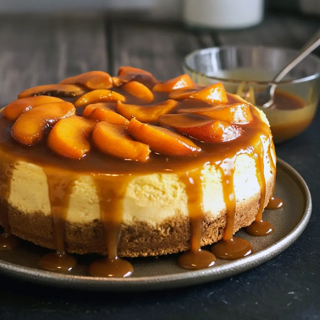 Slice of bourbon-roasted peach cheesecake with caramel drizzle, toasted pecan crust and peach slices on top — a glossy Gourmet Cheesecake perfect for Autumn Desserts Fancy, a decadent Super Bowl Cheesecake option, cozy enough for Simple Homecooked Meals, and a standout in Fruity Cheesecake Recipes as a bright Fruity Cheesecake, ideal for lovers of Peach Cakes, inspired by Peach Cheesecake Recipes and ranking among favorite Bourbon Cheesecake Recipes.
