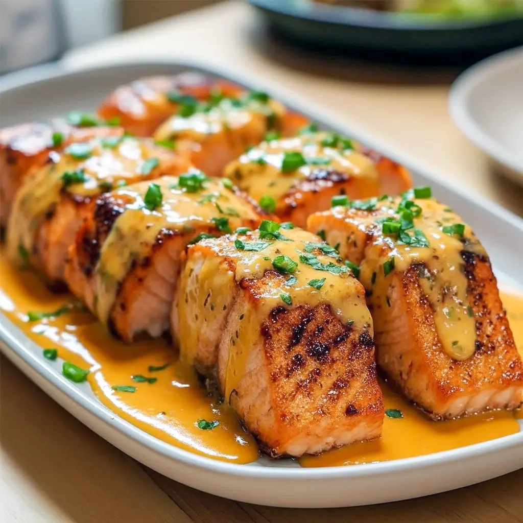 Golden seared salmon fillets drizzled with creamy Sweet And Spicy Sauce, garnished with green onions and served with crispy Potato wedges — a mouthwatering Fish Dinner that’s quick, healthy, and bursting with flavor.