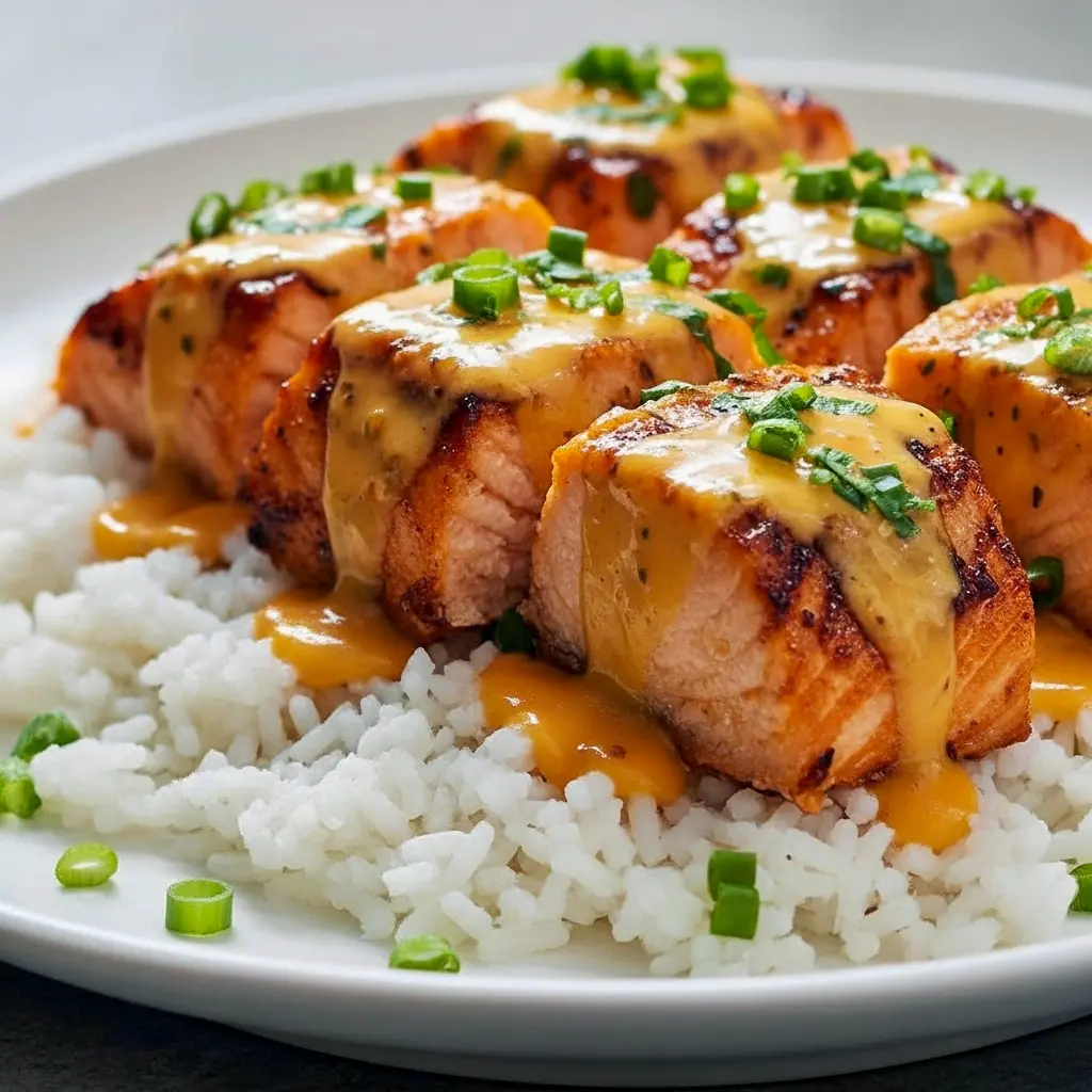 Golden seared salmon fillets drizzled with creamy Sweet And Spicy Sauce, garnished with green onions and served with crispy Potato wedges — a mouthwatering Fish Dinner that’s quick, healthy, and bursting with flavor.