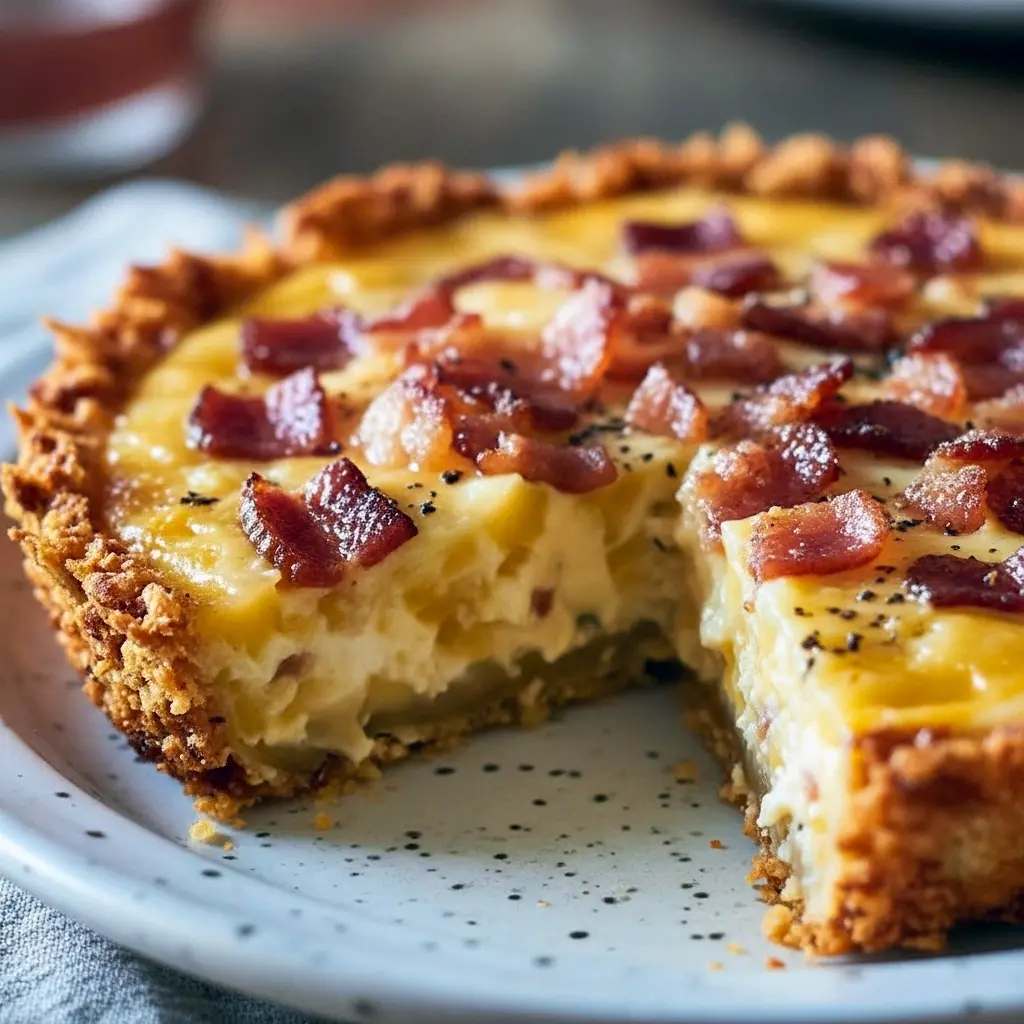 Golden-brown Bacon And Cheese Quiche baked with a crispy Quiche With Hashbrown Crust, topped with melted cheddar and crispy bacon—perfect for Breakfast Quiche Recipes or an easy brunch idea.