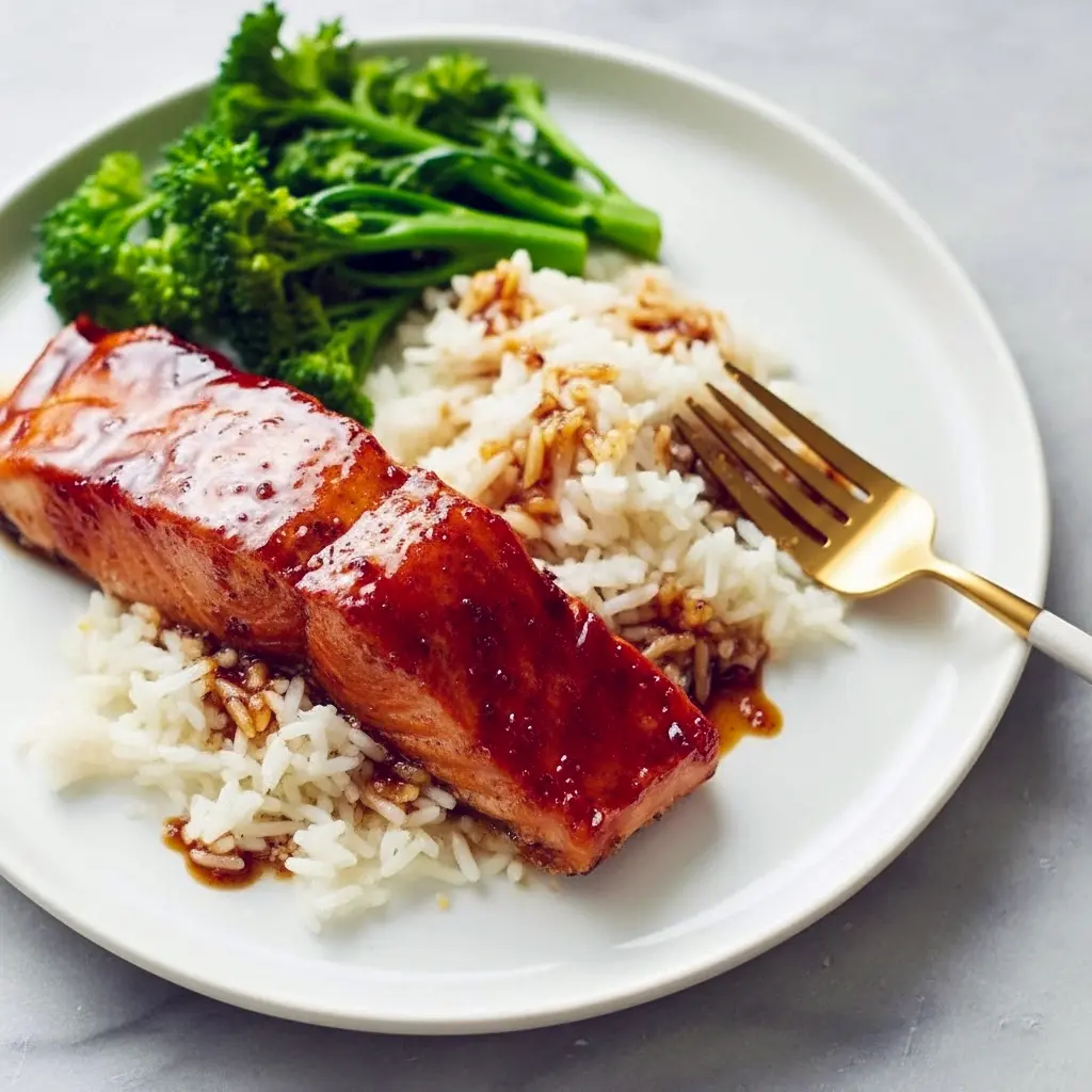 Glazed brown sugar salmon fillet with caramelized sauce, served with rice and steamed greens, Salmon Recipes Baked Healthy.